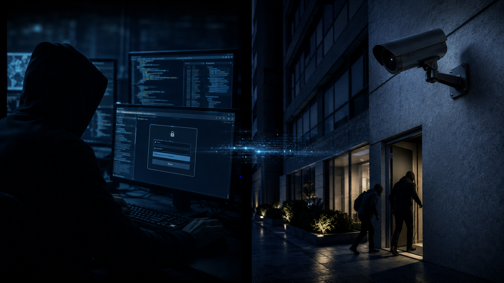 Cyberattaque compromettant un système informatique et permettant une intrusion physique dans un bâtiment d'entreprise après la désactivation de la vidéosurveillance.