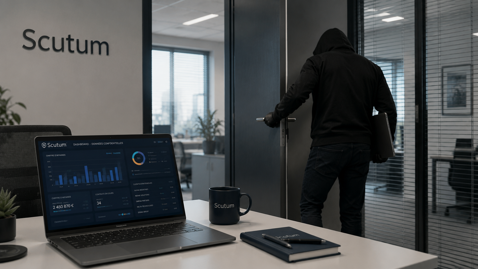 Intrusion dans un bureau d'entreprise avec un individu non autorisé quittant les lieux avec un ordinateur portable laissé sans surveillance.