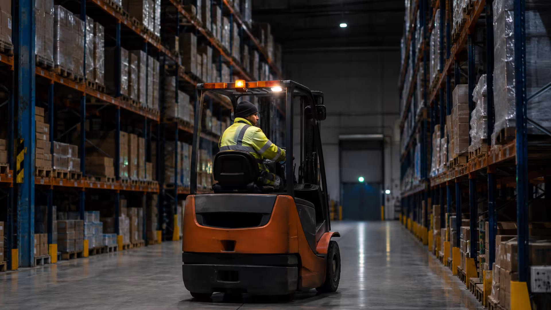 Cariste travaillant seul dans un entrepôt logistique de nuit