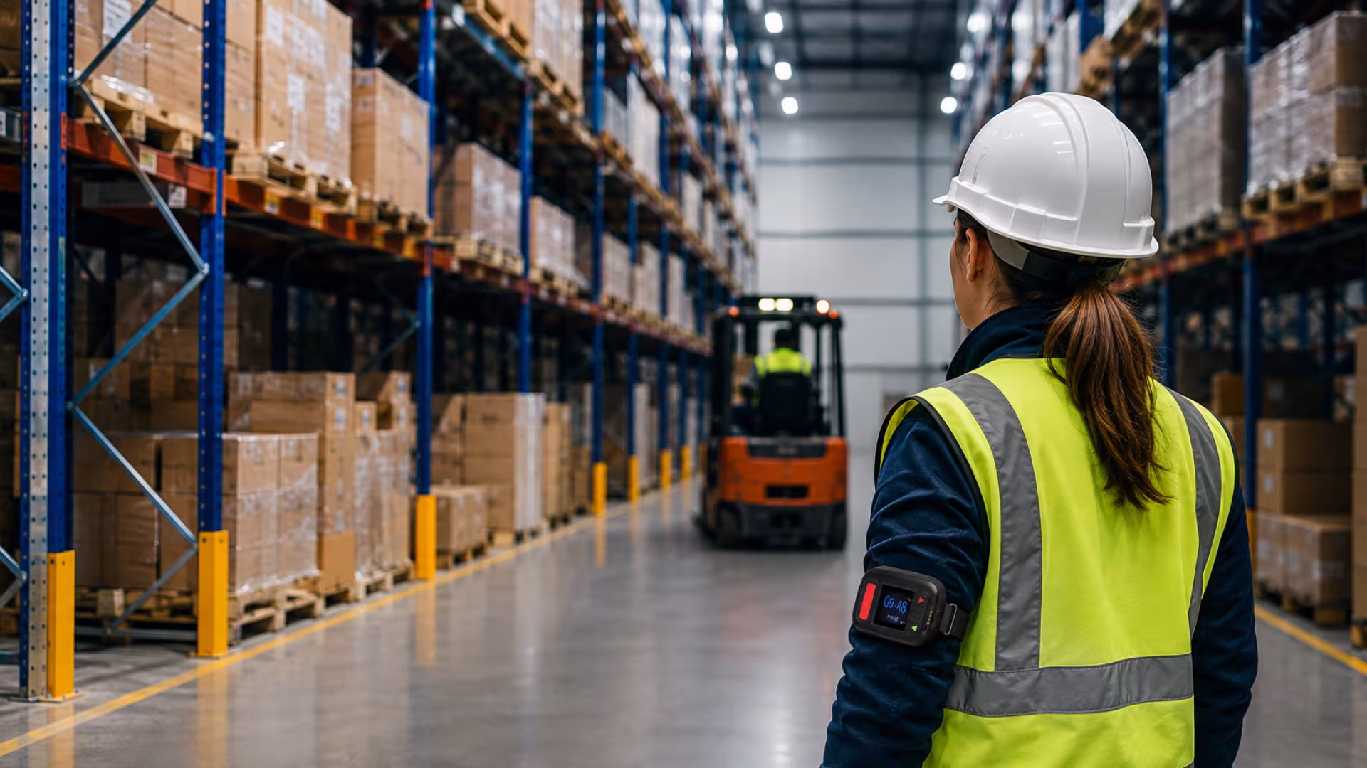 Travailleur isolé en entrepôt logistique portant un boîtier PTI pour assurer sa sécurité