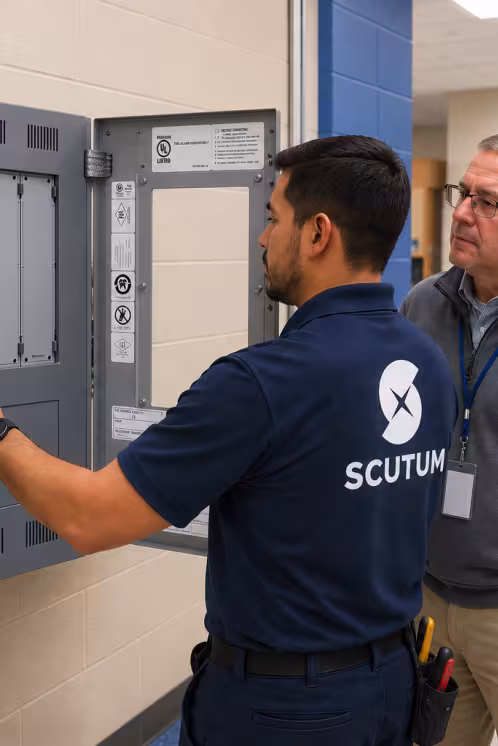 Edwards EST3 fire alarm panel with Scutum technician showing a school admin