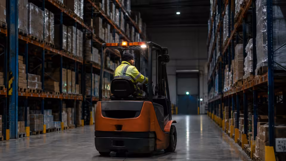 Cariste travaillant seul dans un entrepôt logistique de nuit