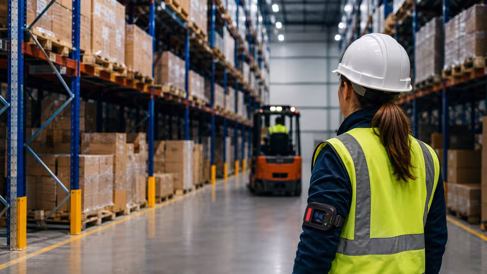 Travailleur isolé en entrepôt logistique portant un boîtier PTI pour assurer sa sécurité