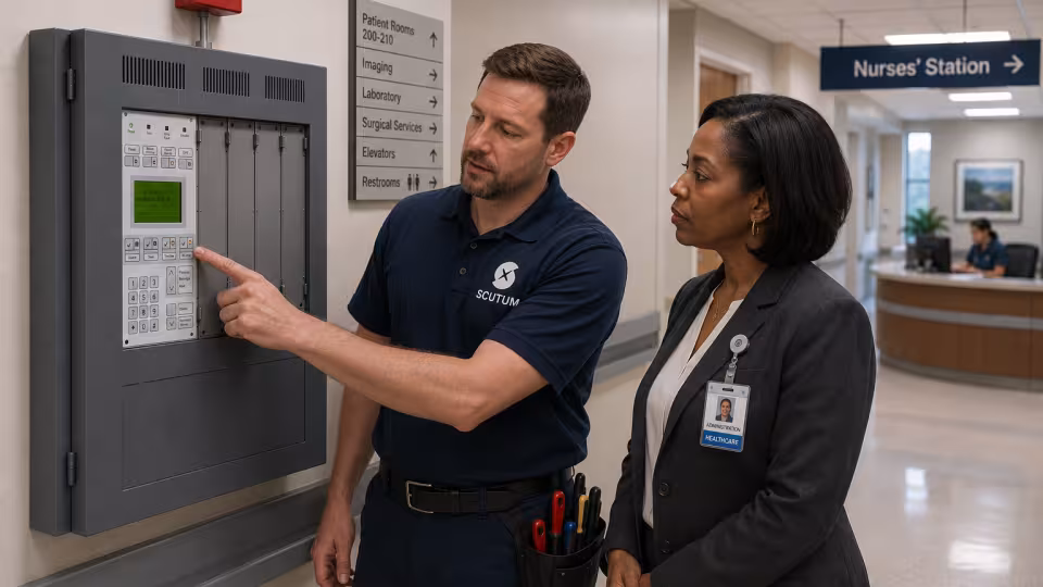 Scutum Technician is showing a healthcare admin the Edwards EST3 fire alarm panel at a hospital