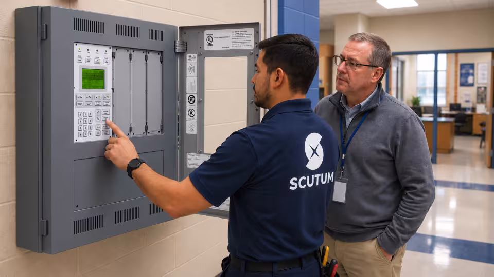 Edwards EST3 fire alarm panel with Scutum technician showing a school admin